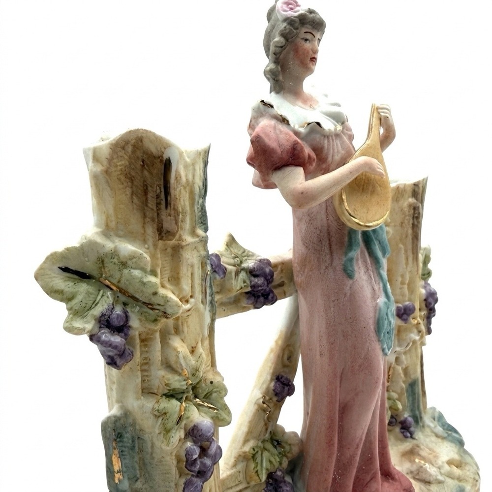 Antique German Bisque Lute Player Figurine Double Spill Vase Grape Vines c.1900 - Picture 4 of 6